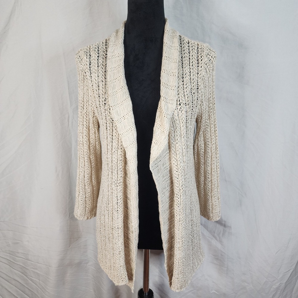 VALERIE BERTINELLI Size Large Cream Silver Ribbon Knit Open Drape Cardigan